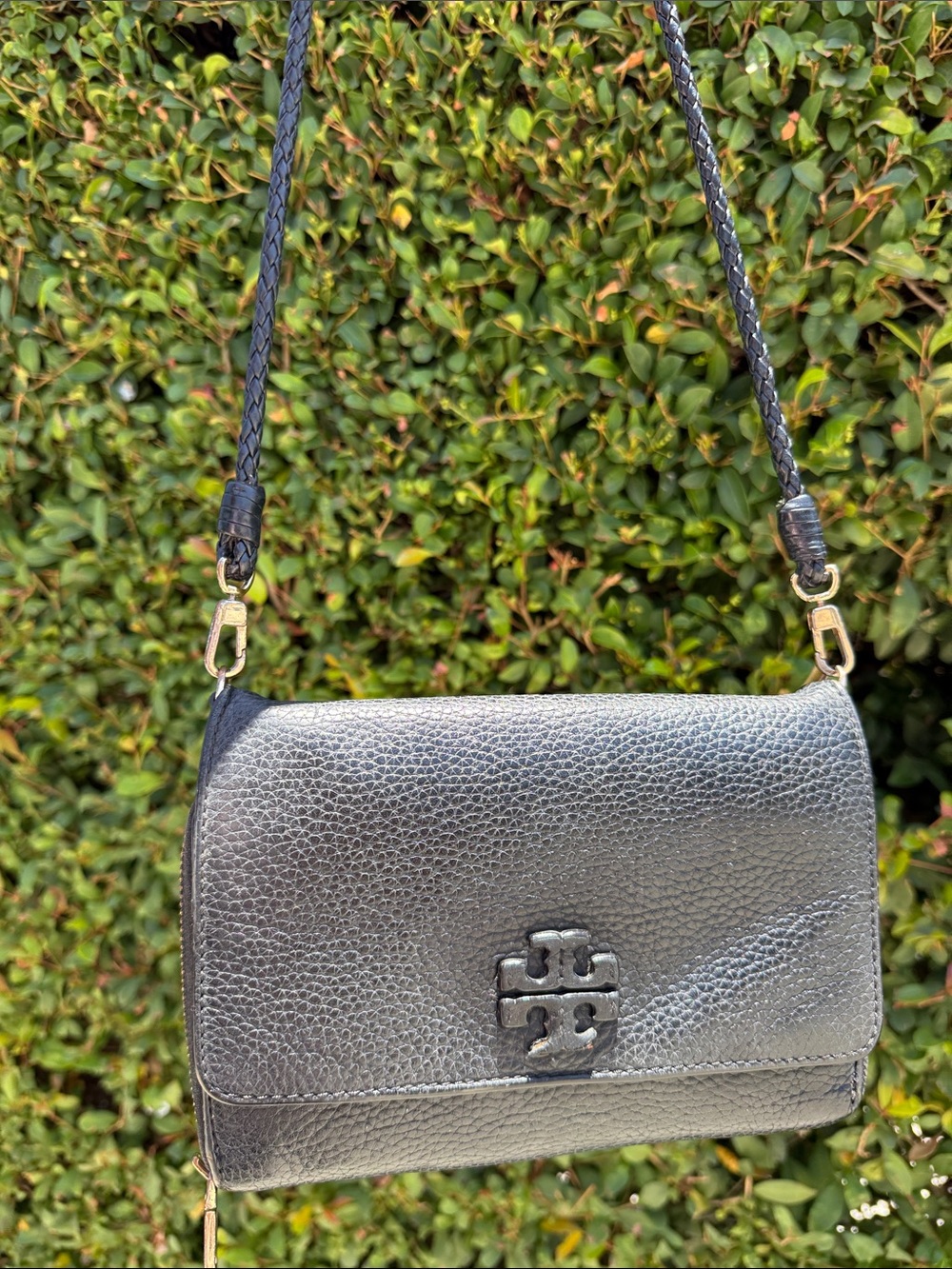 Tory Burch Black Pebbled Leather Logo Flap Crossbody